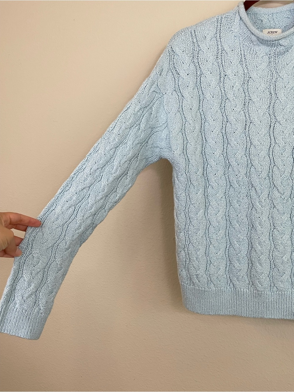 J.Crew Cloud Blue Cable Knit Roll Neck Pullover Sweater Size L Classic Old Money - Picture 4 of 7
